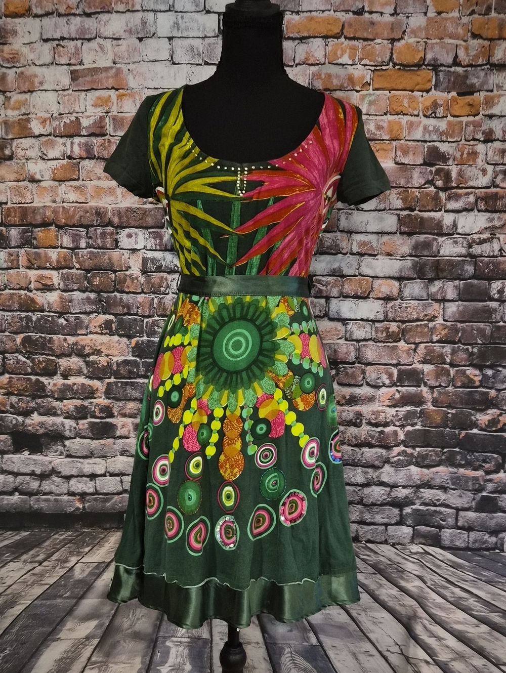 Desigual Green Floral and Pink Accent Midi Dress - Picture 1 of 10